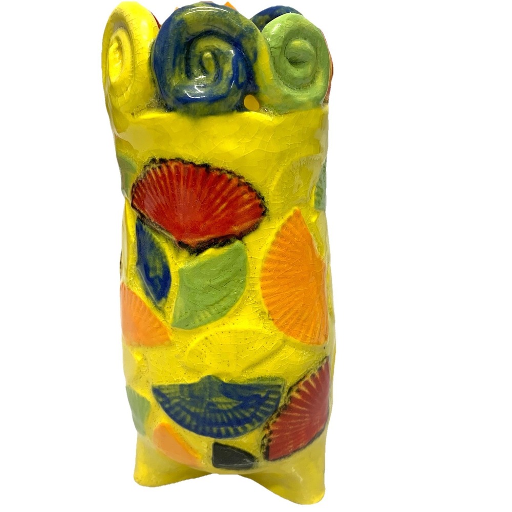 Art Pottery Vase Colorful Seashells Scallop Edge Hand Made Yellow Red